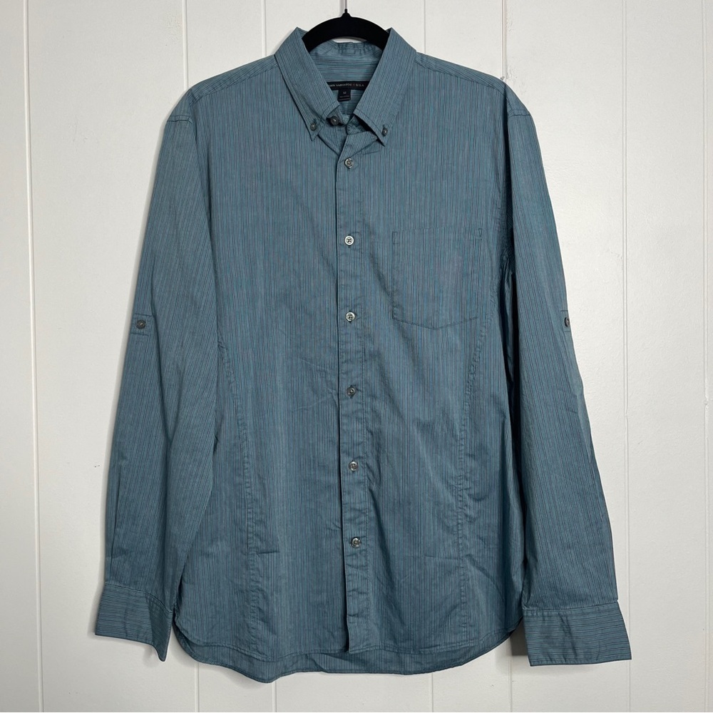 John Varvatos USA Blue Stripe Button Down Roll Tab Sleeve Shirt Fitted Men's M